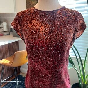 Nanette Lepore Silk Red Orange Leopard Print Short Sleeve Blouse, Size 2